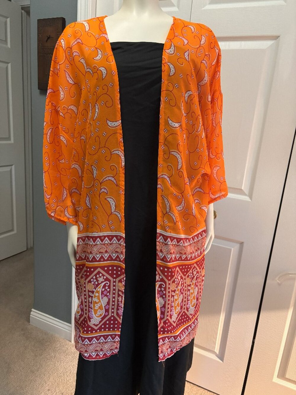 Boho Orange Paisley Kimono Cardigan XL Open Front Duster Lightweight Cover Up